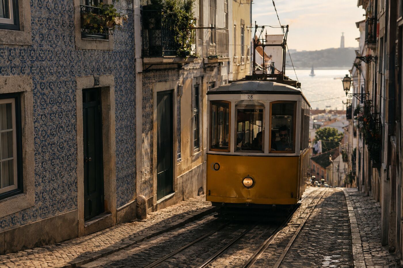 Tramway jaune dans une ruelle de Lisbonne