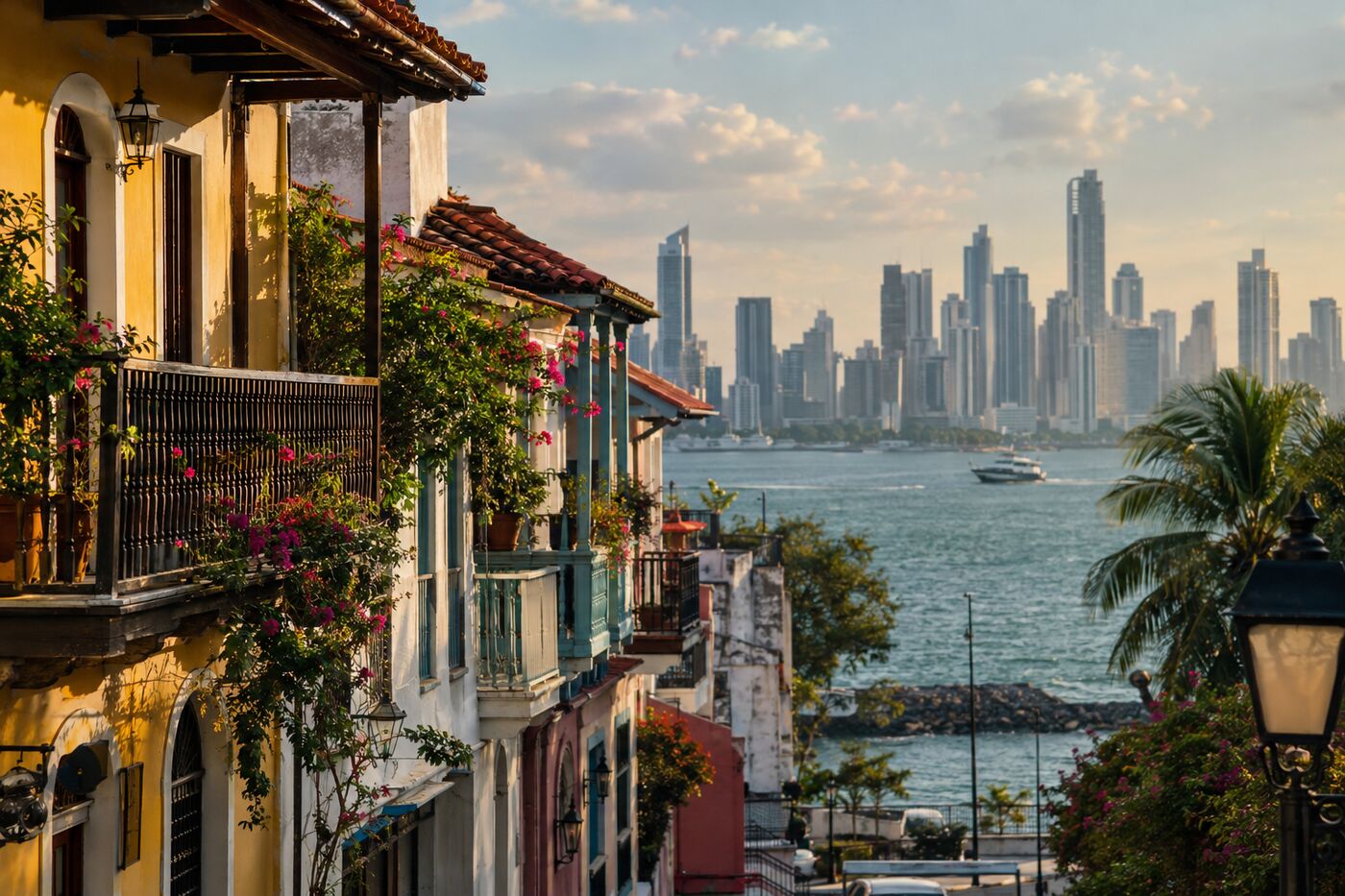 Balcons colorés du Casco Viejo et skyline de Panama