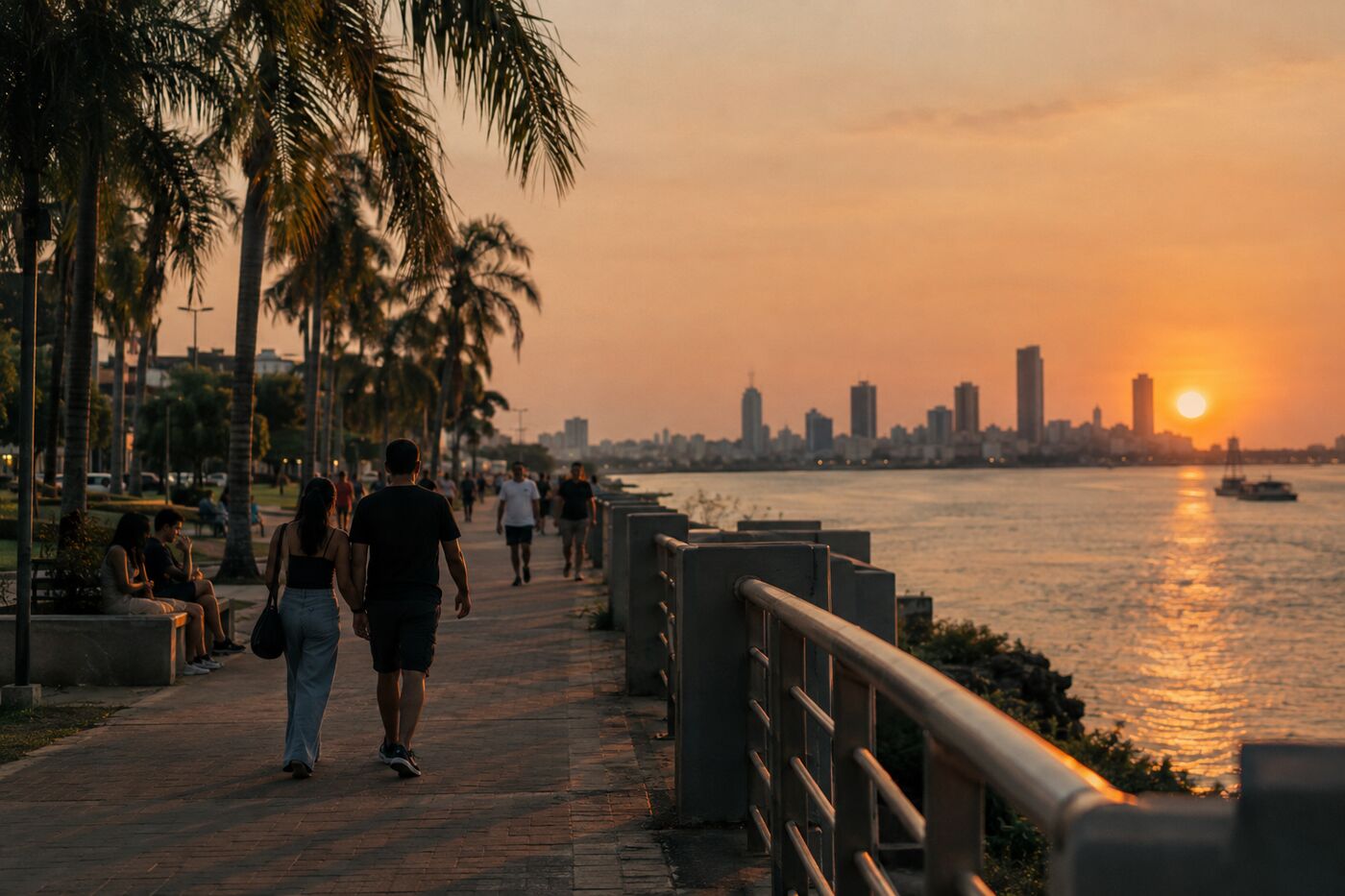 Promenade au bord du fleuve à Asunción au coucher du soleil